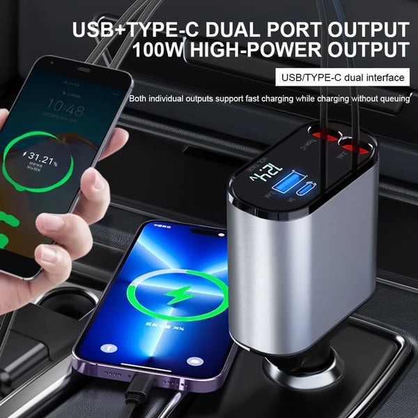 100W Digital Display Retractable Car Charger