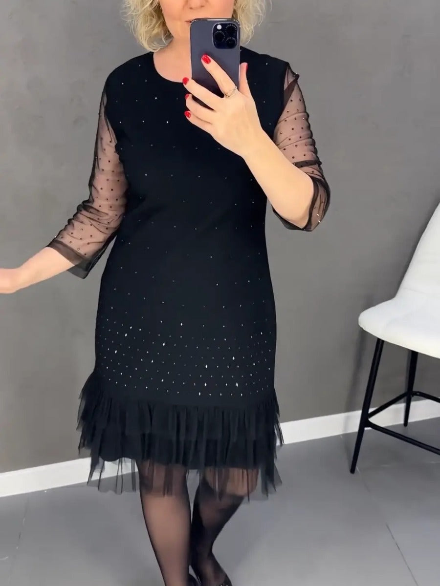 🔥🖤Black Friday Sale:50% OFF🔥Lace Sequin Hem Mesh Sheer Sleeve Mini Dress