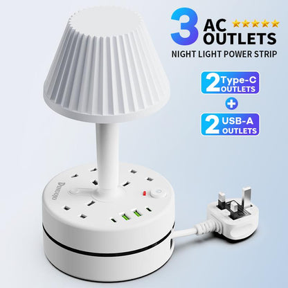 3-outlet power strip with 3 UK sockets + 2 USB ports+ 1 PD port, featuring a built-in desk lamp, compatible with 220V-240V, maximum power 3250W, 13A, 1.8m cable, suitable for home, kitchen, outdoor, hotel, office, and cruise vacation use