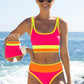 🌼Color Block Patchwork Nylon Sporty 3-Piece Bikini Set - High Waisted & Tummy Control Swimsuit👙🌈