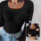 ⏰Last Day 50% OFF🍂Womens U-Neck Built-in Bra Long Sleeve Ribbed Top Shirts Elegant Skinny Fit Fabric