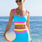 🌼Color Block Patchwork Nylon Sporty 3-Piece Bikini Set - High Waisted & Tummy Control Swimsuit👙🌈