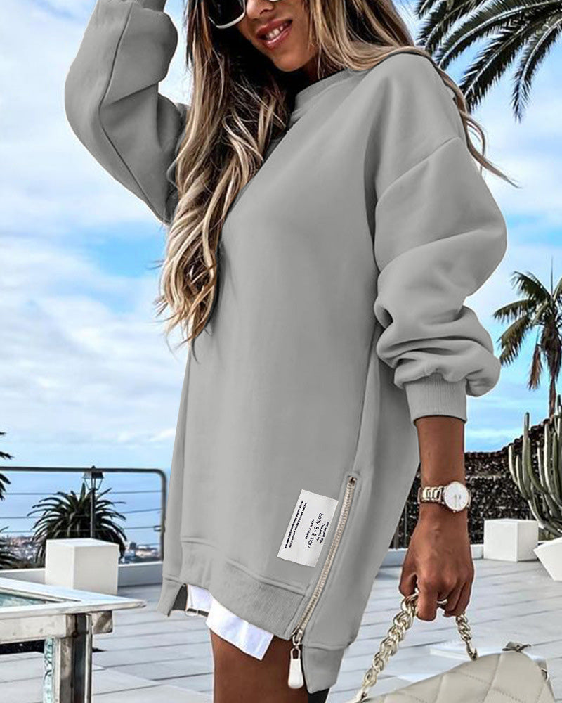 🎅Xmas Sales - 50% OFF🎄Long Sleeve Pullover Zipper Slit Casual Sweatshirt Dress