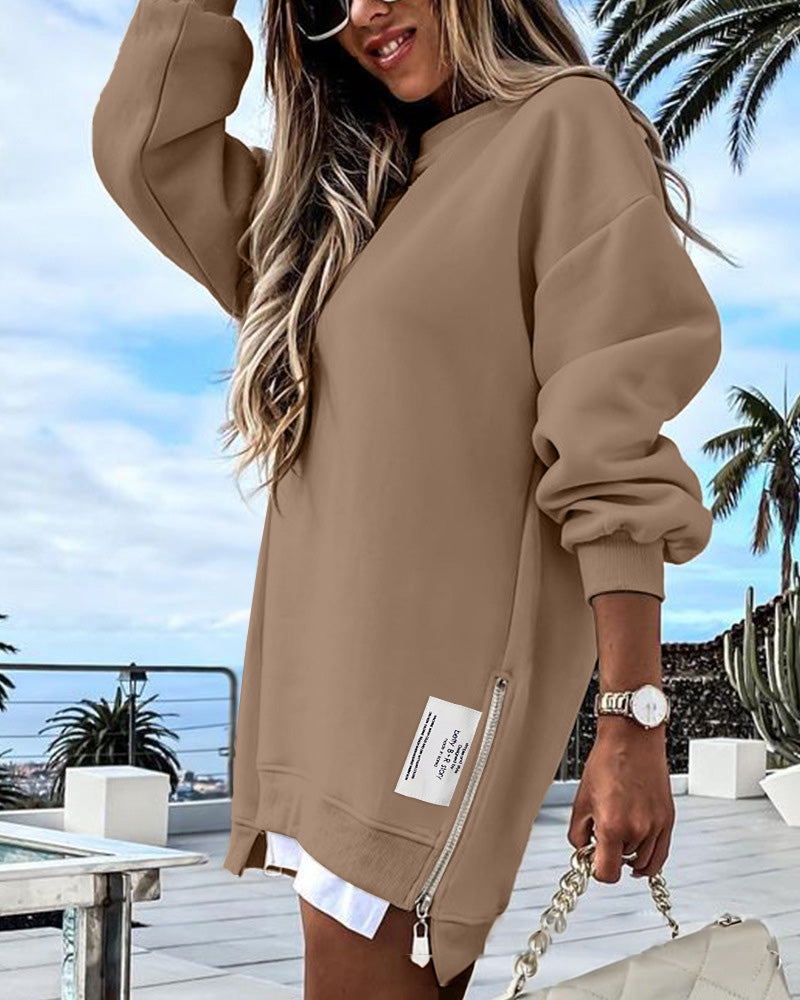 🎅Xmas Sales - 50% OFF🎄Long Sleeve Pullover Zipper Slit Casual Sweatshirt Dress