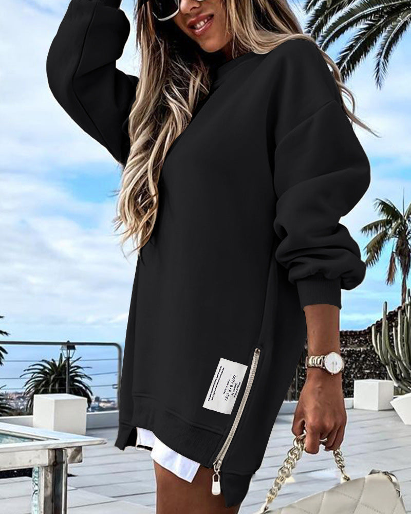 🎅Xmas Sales - 50% OFF🎄Long Sleeve Pullover Zipper Slit Casual Sweatshirt Dress