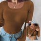 ⏰Last Day 50% OFF🍂Womens U-Neck Built-in Bra Long Sleeve Ribbed Top Shirts Elegant Skinny Fit Fabric