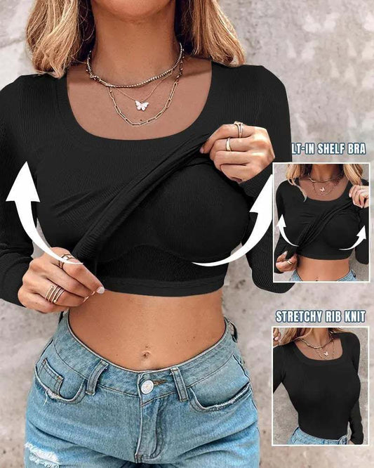 ⏰Last Day 50% OFF🍂Womens U-Neck Built-in Bra Long Sleeve Ribbed Top Shirts Elegant Skinny Fit Fabric
