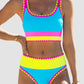 🌼Color Block Patchwork Nylon Sporty 3-Piece Bikini Set - High Waisted & Tummy Control Swimsuit👙🌈