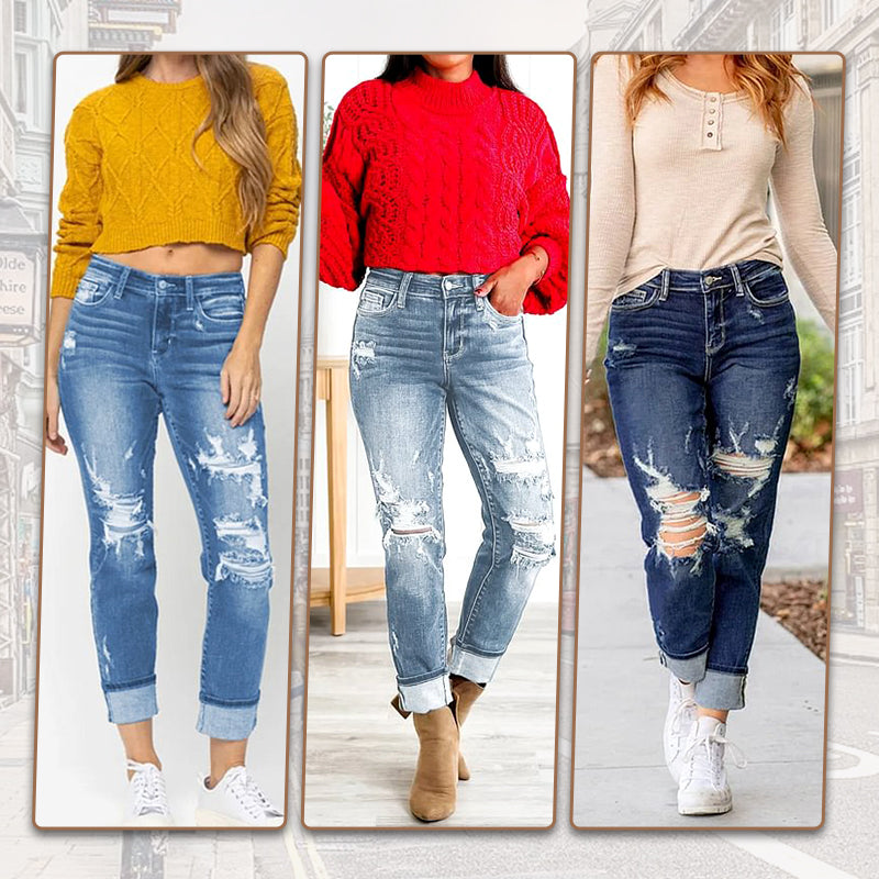 🔥SUMMER HOT SALE🔥Women's Tummy Control Distressed Cuffed Boyfriend Jeans