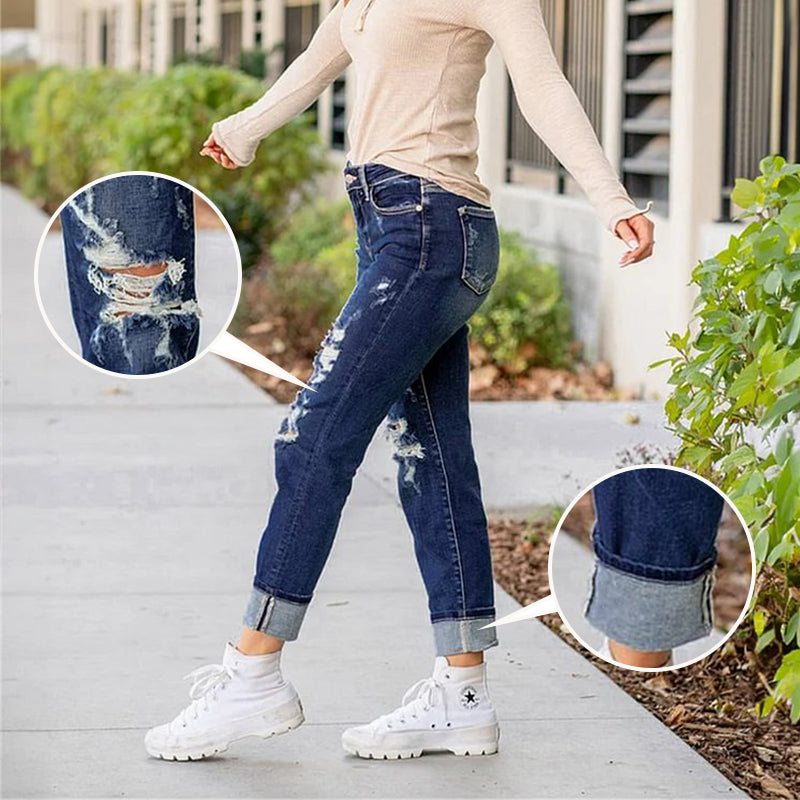 🔥SUMMER HOT SALE🔥Women's Tummy Control Distressed Cuffed Boyfriend Jeans