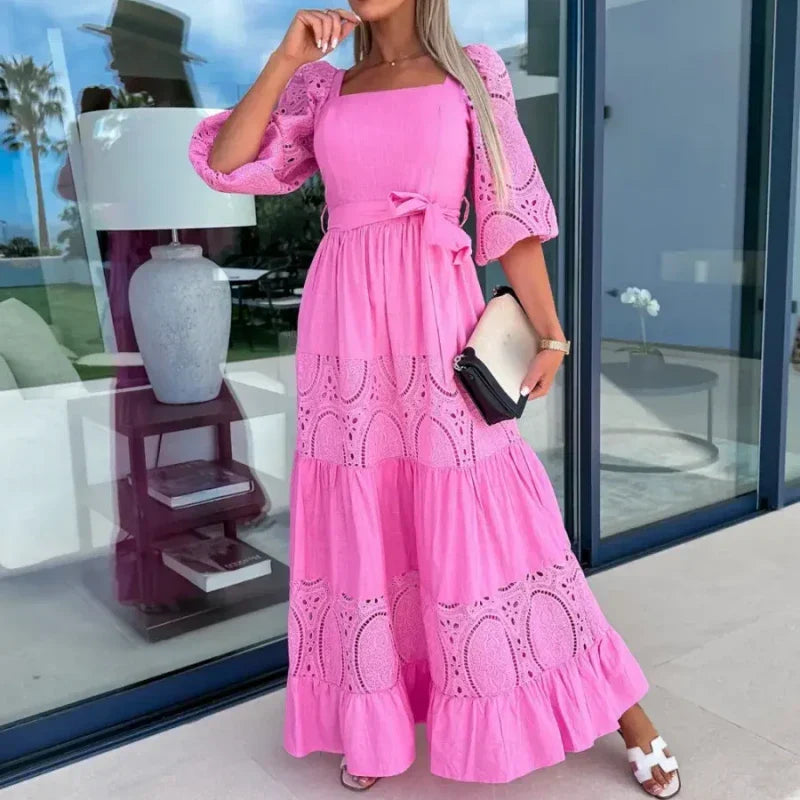 💕Women’s Trendy Patchwork Tie Waist Square Neck Long Dress