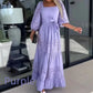 💕Vestido largo con escote cuadrado y cintura anudada con parches de moda para mujer