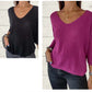 Top de punto con escote en V y mangas murciélago de color liso para mujer 
