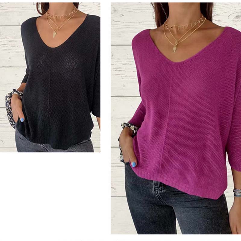 Women's Batwing Sleeve Solid Color V-Neck Knit Top