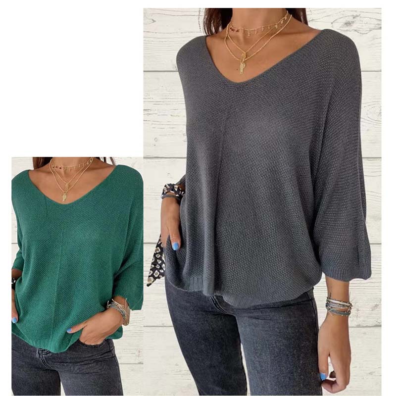 Women's Batwing Sleeve Solid Color V-Neck Knit Top