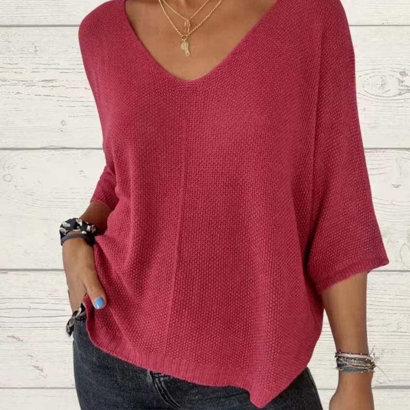 Women's Batwing Sleeve Solid Color V-Neck Knit Top