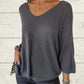 Top de punto con escote en V y mangas murciélago de color liso para mujer 