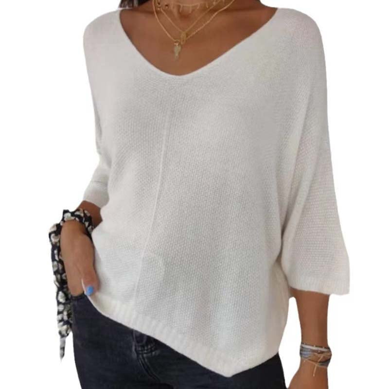 Women's Batwing Sleeve Solid Color V-Neck Knit Top