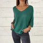 Top de punto con escote en V y mangas murciélago de color liso para mujer 