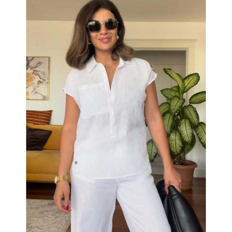 Stylish 2-Piece Set Short-Sleeve Linen-Cotton Shirt and Wide-Leg Pants