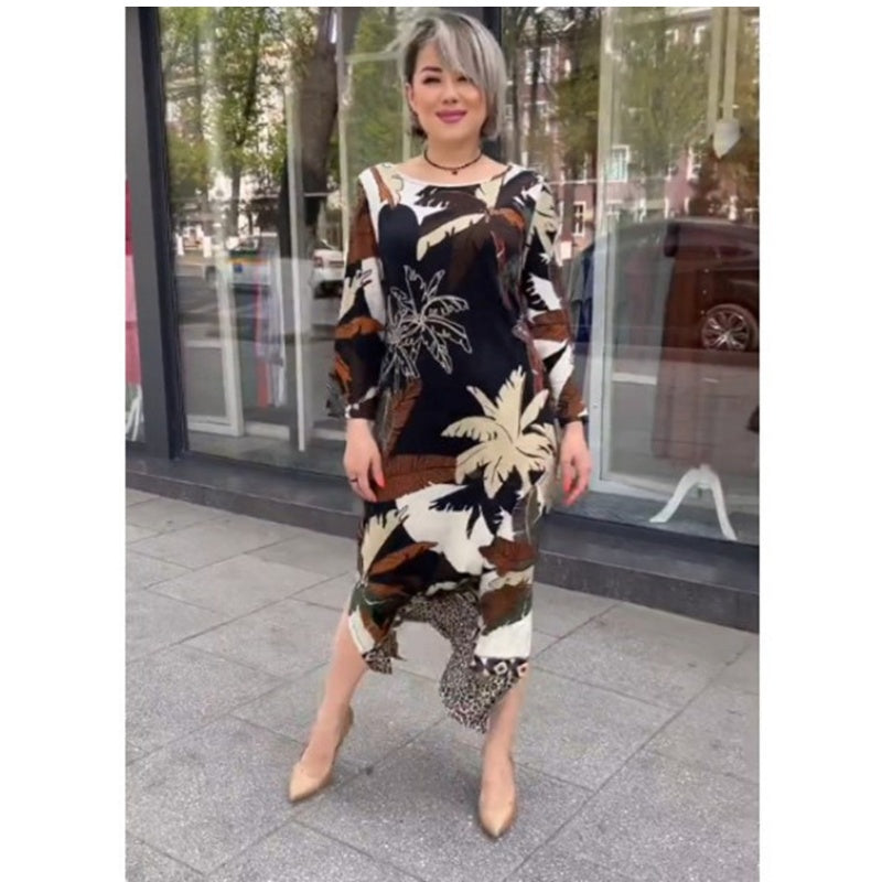 🔥Limited time 50% off🔥Irregular Hemline Round Neck Dress with Floral Print