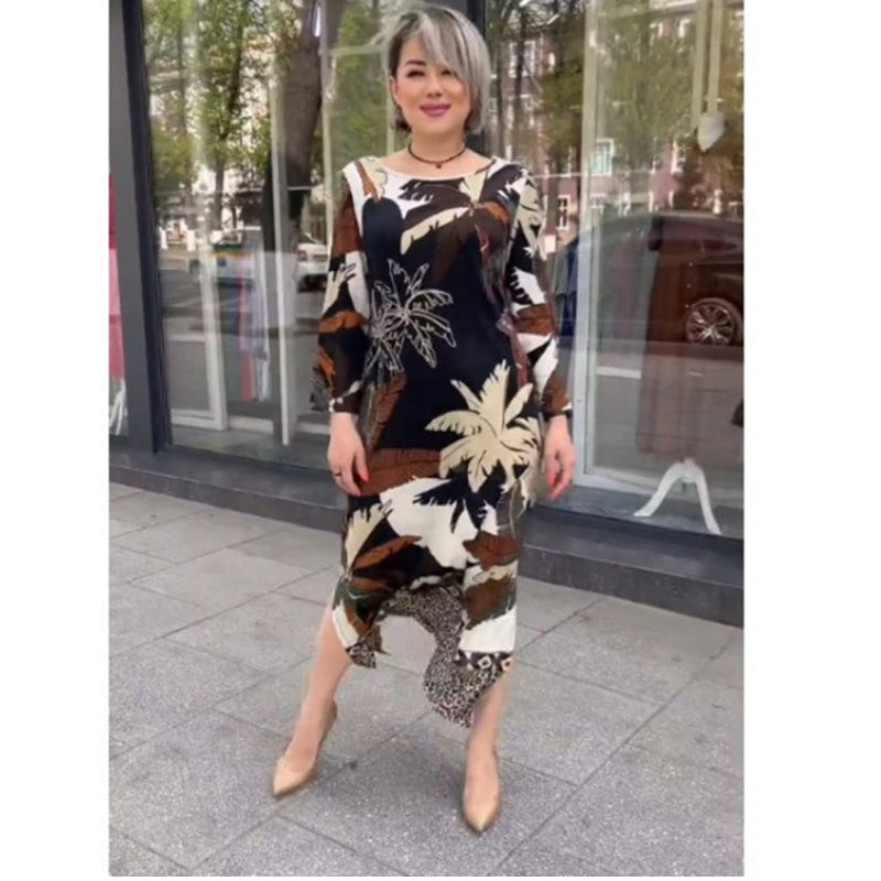 🔥Limited time 50% off🔥Irregular Hemline Round Neck Dress with Floral Print