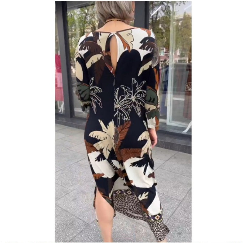 🔥Limited time 50% off🔥Irregular Hemline Round Neck Dress with Floral Print