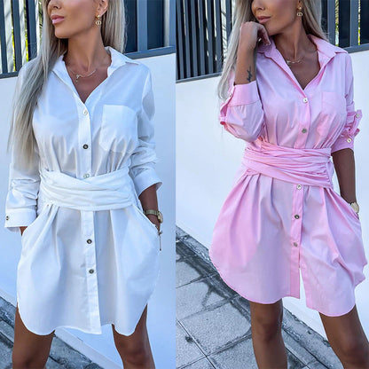 🔥Limited time 50% off🔥Women's Trendy Solid Color Tie Waist Shirt Dress