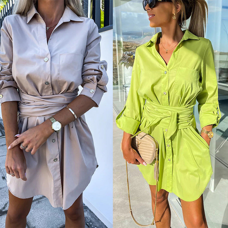 🔥Limited time 50% off🔥Women's Trendy Solid Color Tie Waist Shirt Dress