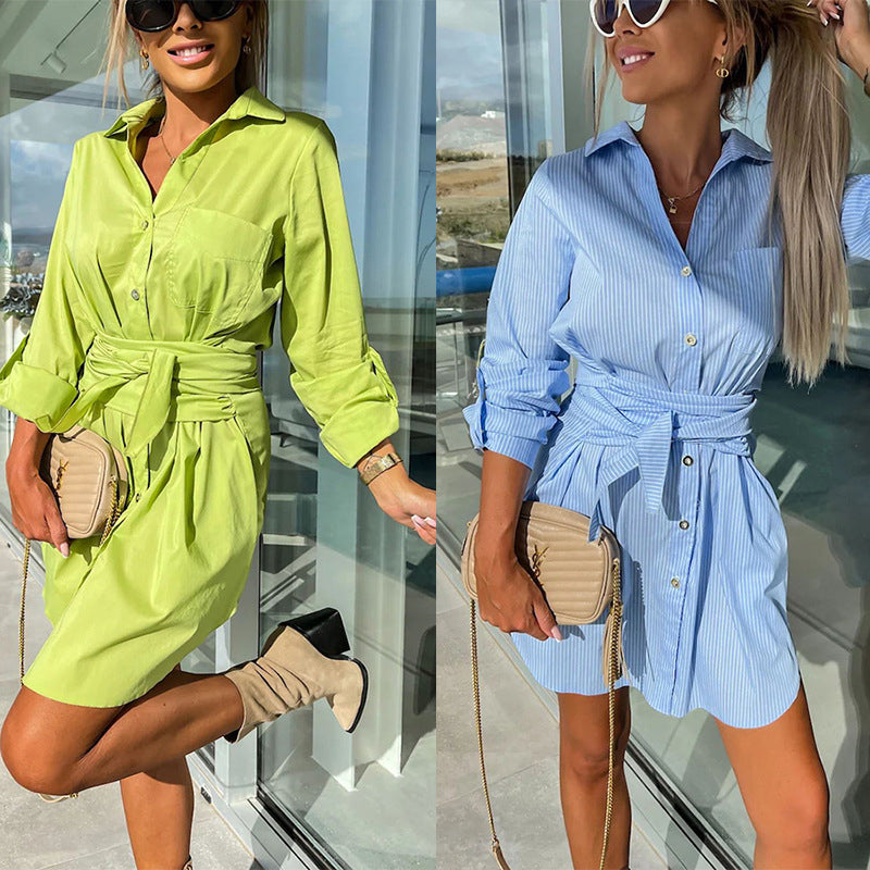 🔥Limited time 50% off🔥Women's Trendy Solid Color Tie Waist Shirt Dress