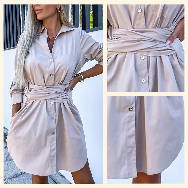 🔥Limited time 50% off🔥Women's Trendy Solid Color Tie Waist Shirt Dress