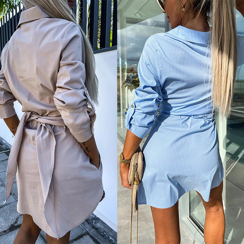 🔥Limited time 50% off🔥Women's Trendy Solid Color Tie Waist Shirt Dress