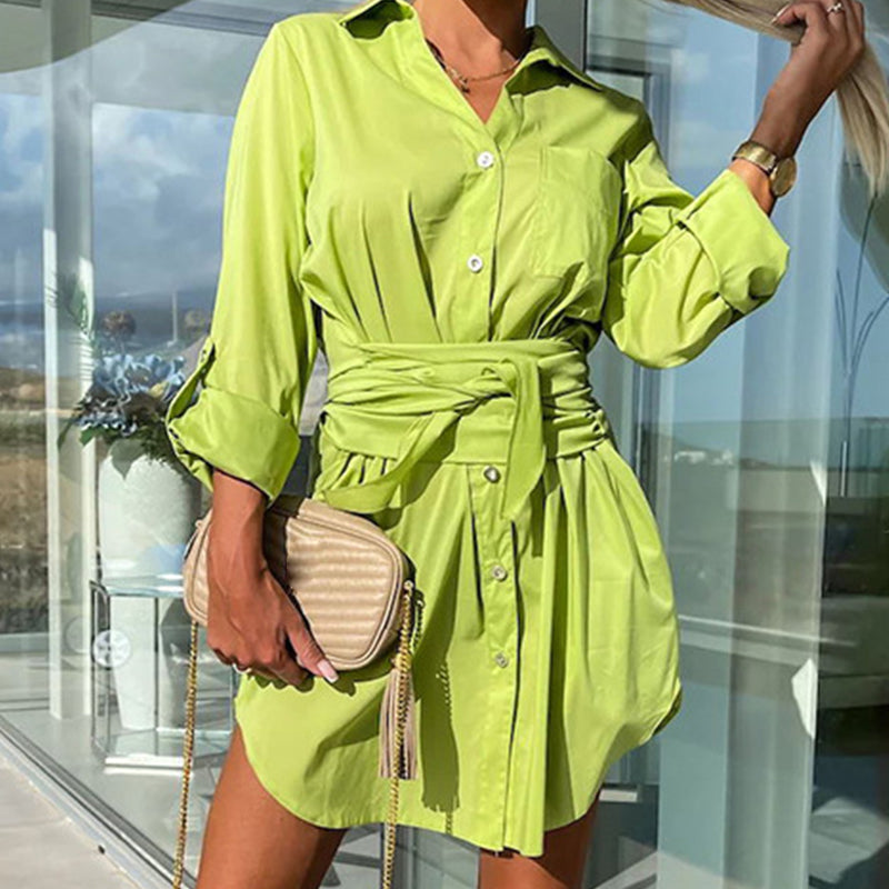 🔥Limited time 50% off🔥Women's Trendy Solid Color Tie Waist Shirt Dress