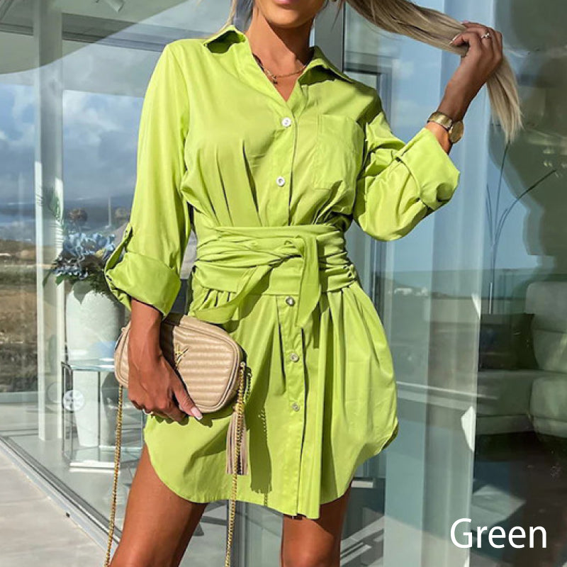 🔥Limited time 50% off🔥Women's Trendy Solid Color Tie Waist Shirt Dress