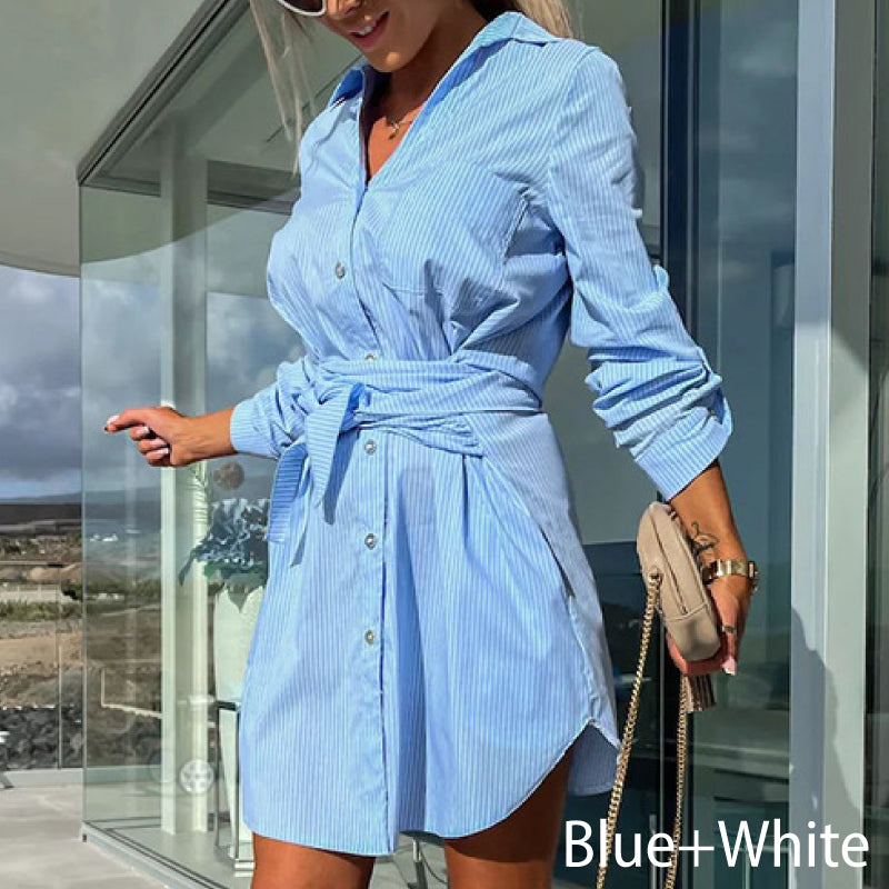 🔥Limited time 50% off🔥Women's Trendy Solid Color Tie Waist Shirt Dress