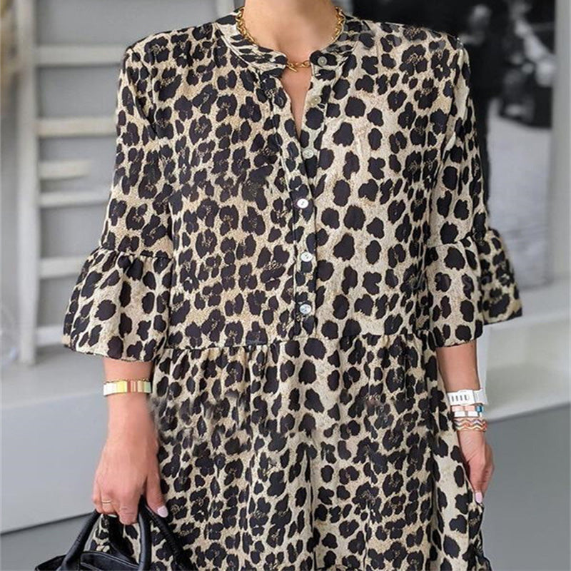 🔥Limited Time 50% OFF🔥Casual Leopard Print Button Front Dress