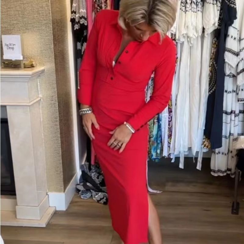 🔥Limited Time 50% OFF🔥Women's Sexy Red Long Sleeve Lapel Dress