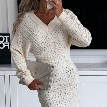 💕Women's V-Neck Long Sleeves Knitted Dress