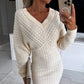 Vestido de punto de manga larga con escote en V para mujer