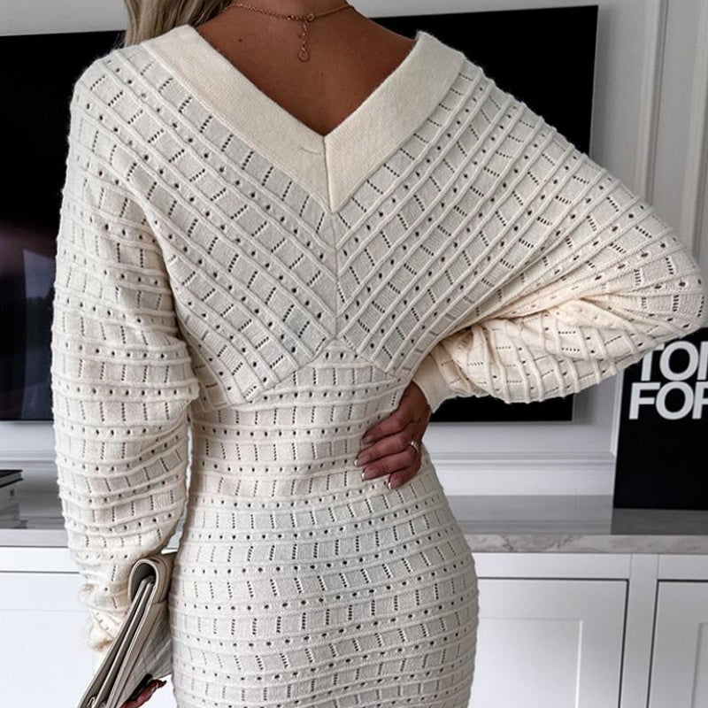 💕Women's V-Neck Long Sleeves Knitted Dress