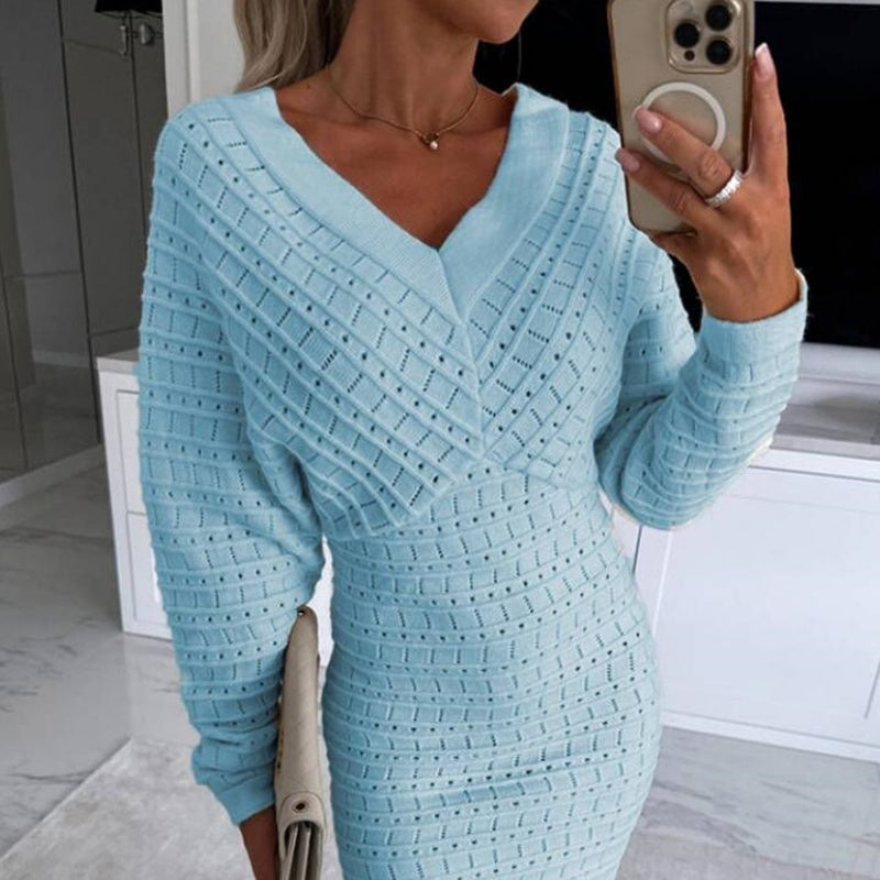 💕Women's V-Neck Long Sleeves Knitted Dress