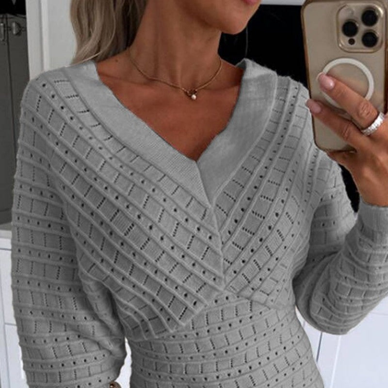 💕Women's V-Neck Long Sleeves Knitted Dress