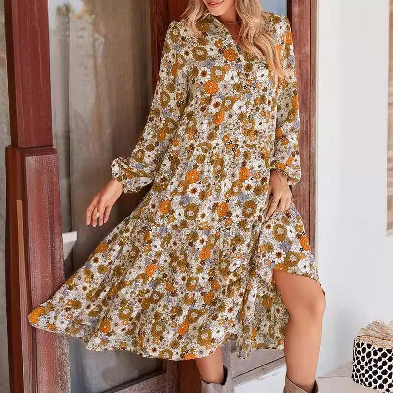 50% OFF💕Women's Long Sleeve V Neck Bohemian Midi Dress