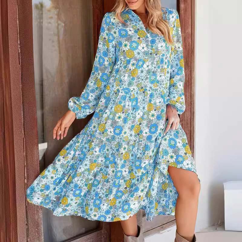 50% OFF💕Women's Long Sleeve V Neck Bohemian Midi Dress