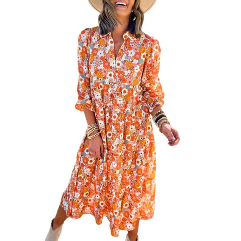 50% OFF💕Women's Long Sleeve V Neck Bohemian Midi Dress