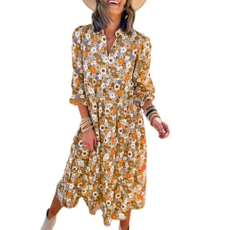 50% OFF💕Women's Long Sleeve V Neck Bohemian Midi Dress