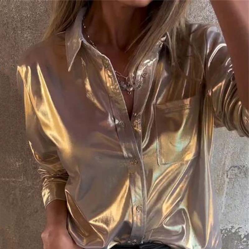 🍂Fall Specials 50% OFF🍂Women's Shimmer Metallic Leather Button-Up Shirt