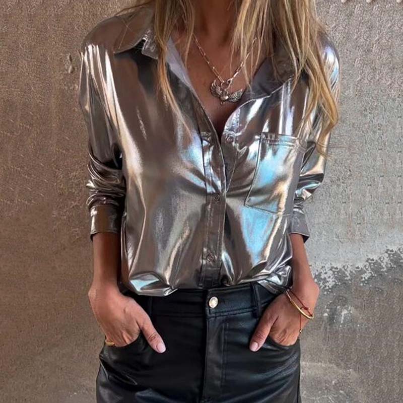 🍂Fall Specials 50% OFF🍂Women's Shimmer Metallic Leather Button-Up Shirt