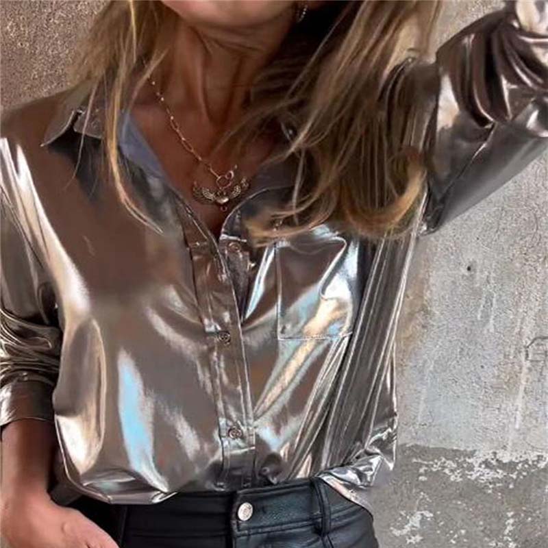 🍂Fall Specials 50% OFF🍂Women's Shimmer Metallic Leather Button-Up Shirt