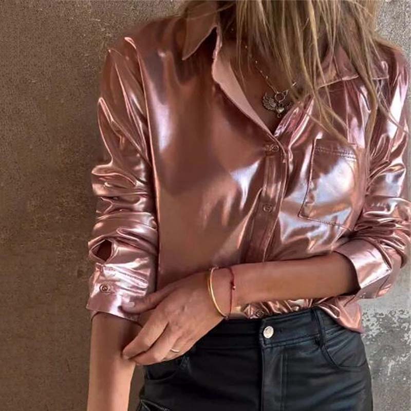 🍂Fall Specials 50% OFF🍂Women's Shimmer Metallic Leather Button-Up Shirt